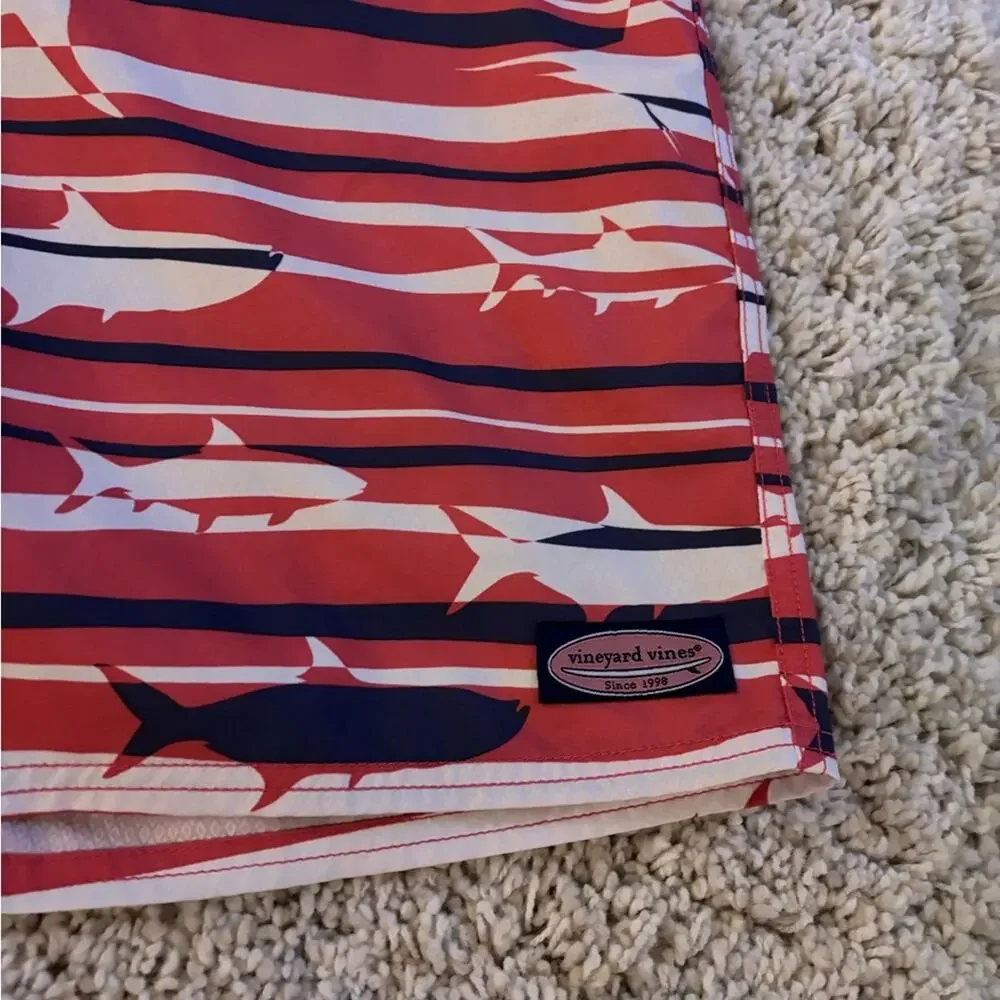 Vineyard Vines Pink Blue Striped Shark Print Swim Shorts Trunks Size 33